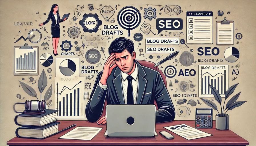 Avocat dépassé face à la complexité de la rédaction web et du référencement, recevant une assistance digitale