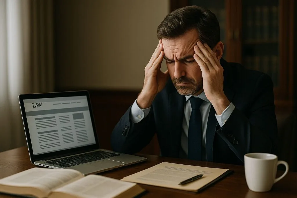Avocat seul dans son bureau, l’air stressé, face à son ordinateur portable.