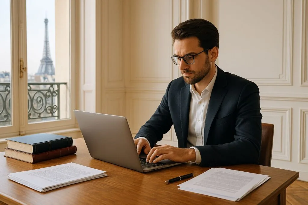 Avocat en costume dans un bureau haussmannien à Paris, rédigeant sur un ordinateur avec vue sur la Tour Eiffel