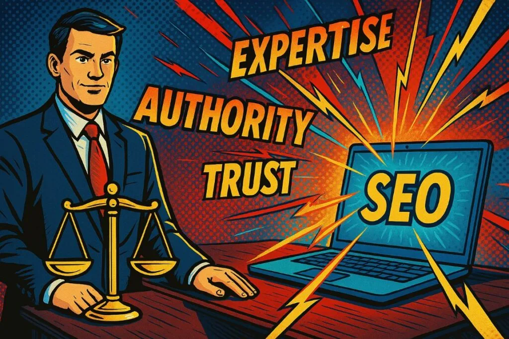 Illustration de style bande dessinée représentant un avocat debout à côté d’une balance de la justice lumineuse, entouré des mots-clés "Expertise", "Authority" et "Trust" convergeant vers un ordinateur affichant "SEO".