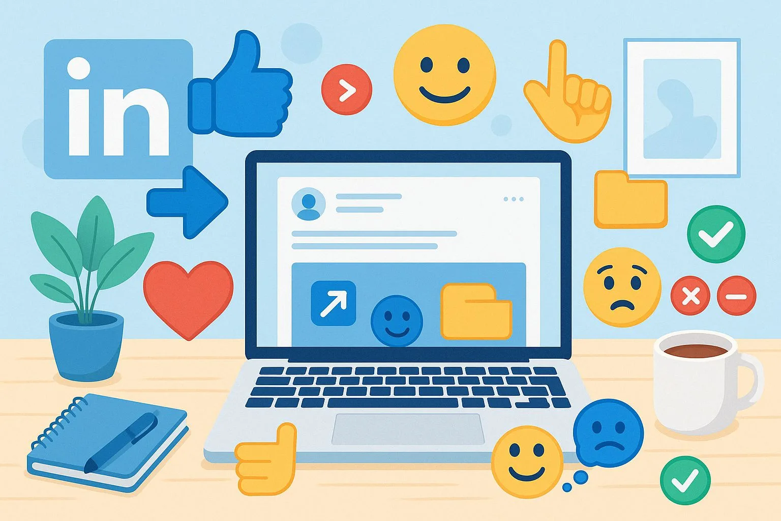 Illustration d'un bureau moderne avec un ordinateur affichant un post LinkedIn en rédaction, entouré d'emojis professionnels flottants comme des pouces, flèches, cœurs, dossiers et smileys