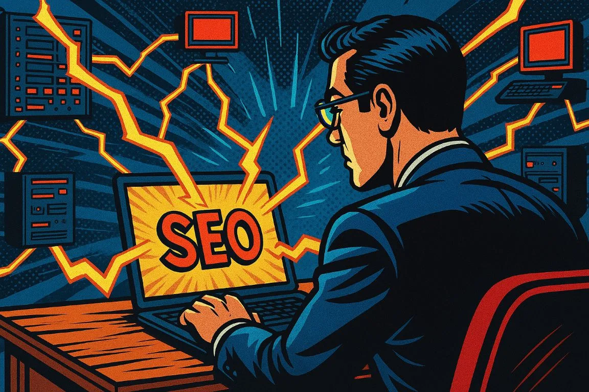 Illustration d’un avocat vu de dos travaillant sur son ordinateur portable avec le mot “SEO” à l’écran, pendant que des faisceaux d’énergie issus d’un réseau de serveurs connectés convergent vers lui, symbolisant la puissance des backlinks.