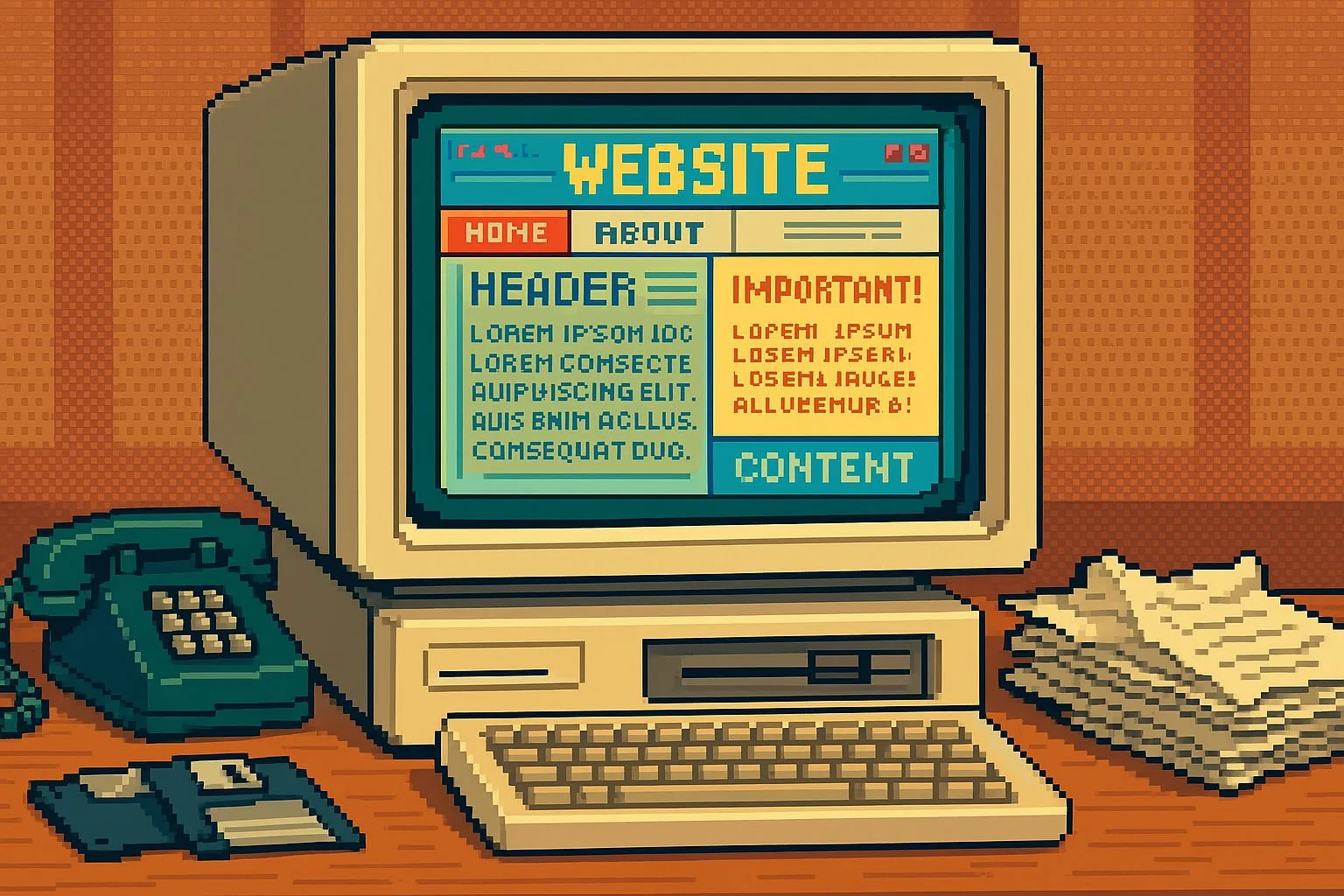 Illustration rétro d’un ordinateur des années 80 affichant un site web au design dépassé