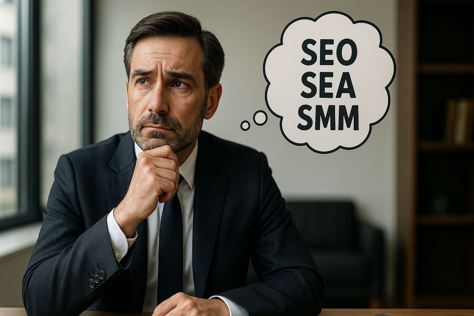 Photographie hyperréaliste d’un avocat en costume assis à son bureau, avec une bulle de pensée affichant les mots SEO, SEA et SMM, représentant sa réflexion sur sa stratégie de visibilité en ligne.