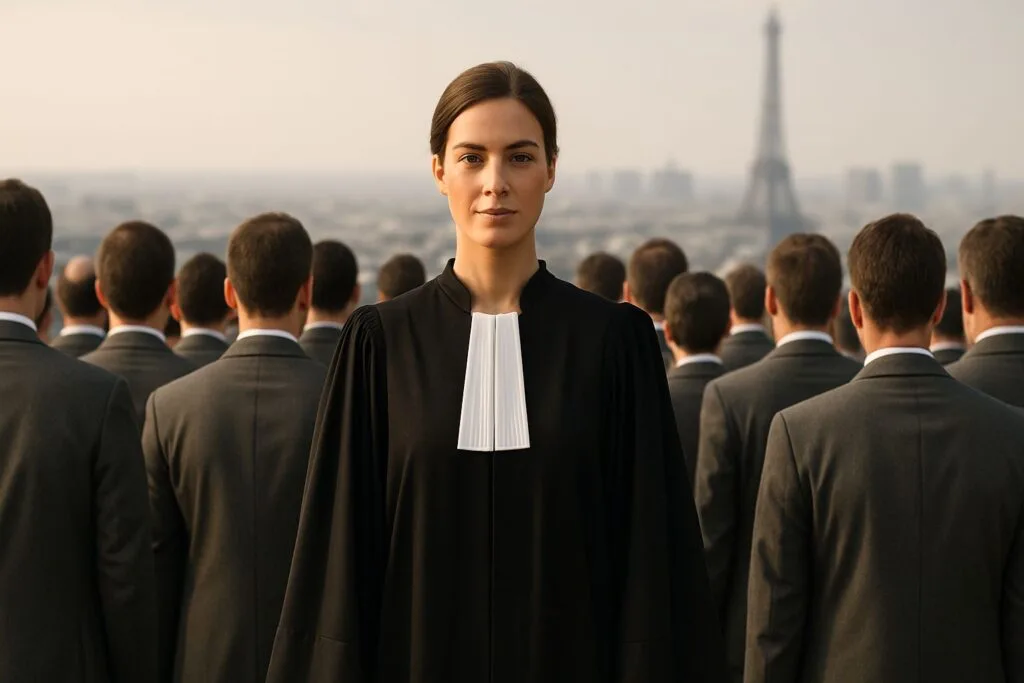 Une avocate en robe noire se détache au centre d’une foule d’hommes en costume gris, avec la Tour Eiffel floue en arrière-plan.