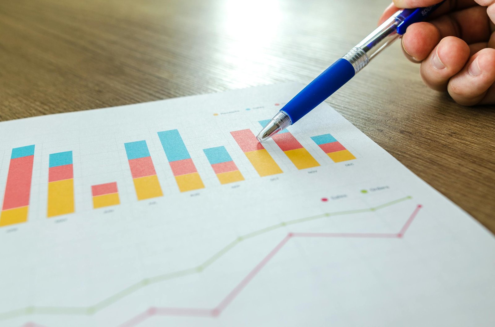 Main d’un avocat pointant des graphiques colorés avec un stylo bleu pour analyser l’efficacité de sa stratégie de communication digitale.