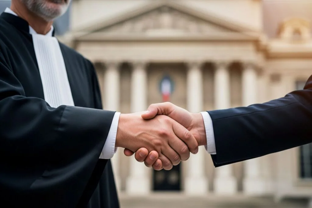 Poignée de main entre un avocat en robe noire et son client