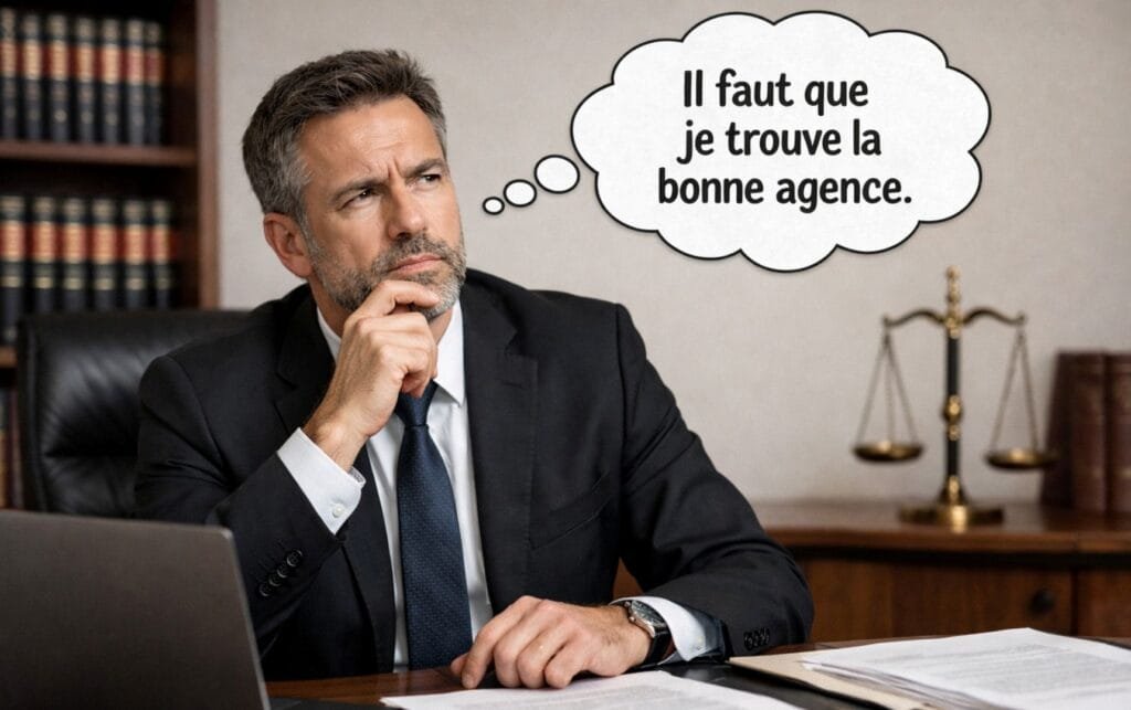 Avocat pensif cherchant la meilleure agence web pour son cabinet